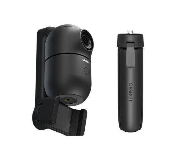 Black mobile phone bracket with face-following PTZ head mounted on a collapsible tripod.