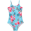 Girl's mermaid-style one-piece swimsuit in assorted colours on a white background