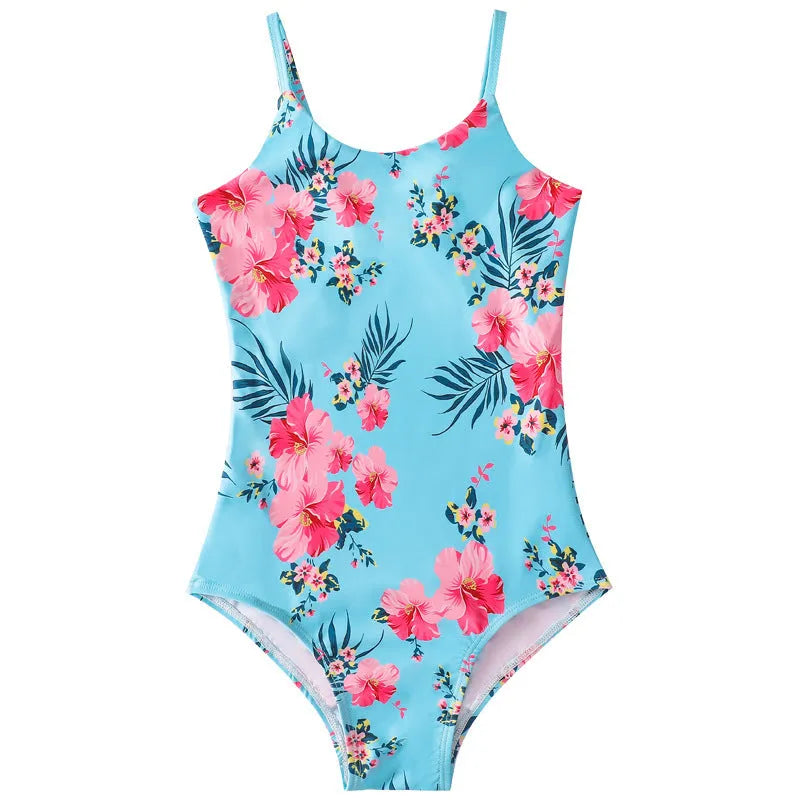 Girl's mermaid-style one-piece swimsuit in assorted colours on a white background