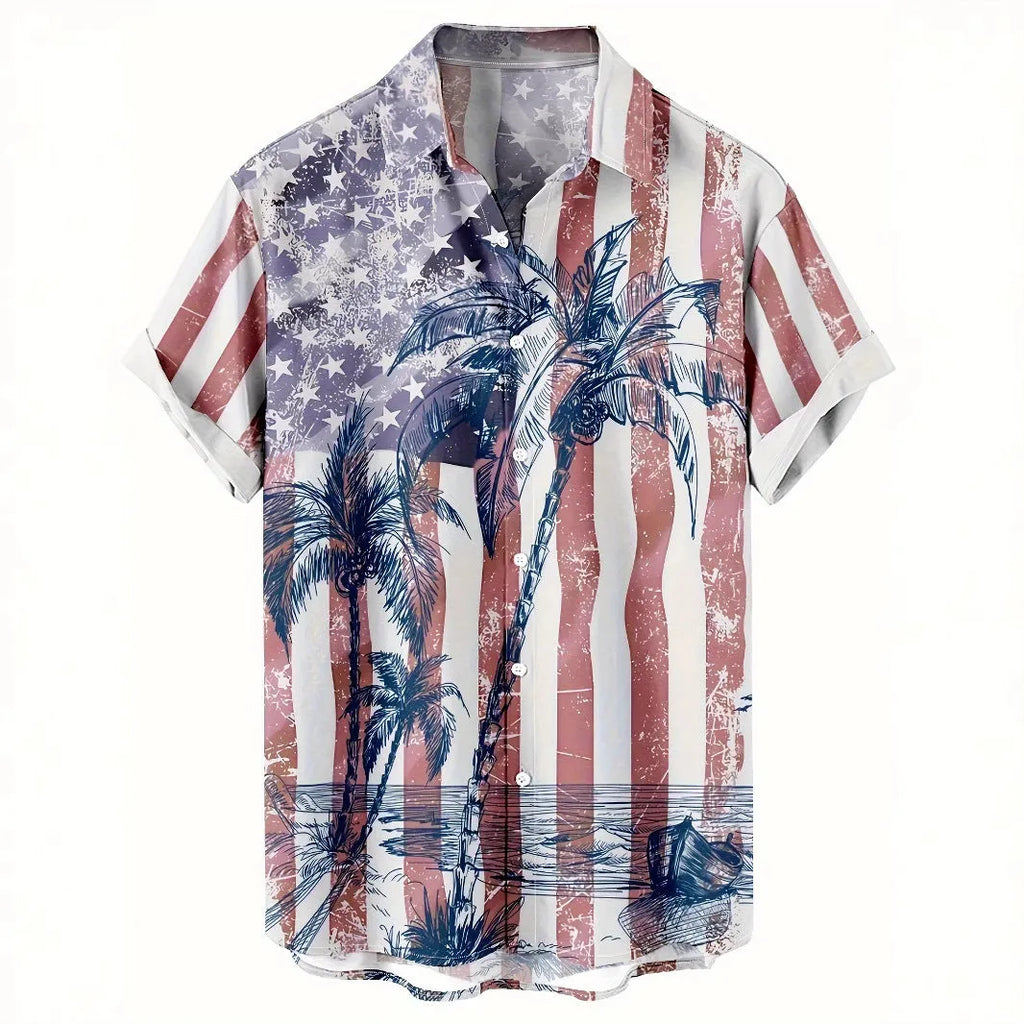 Men's floral pattern short sleeve shirt in loose cardigan style with elastic polyester fabric