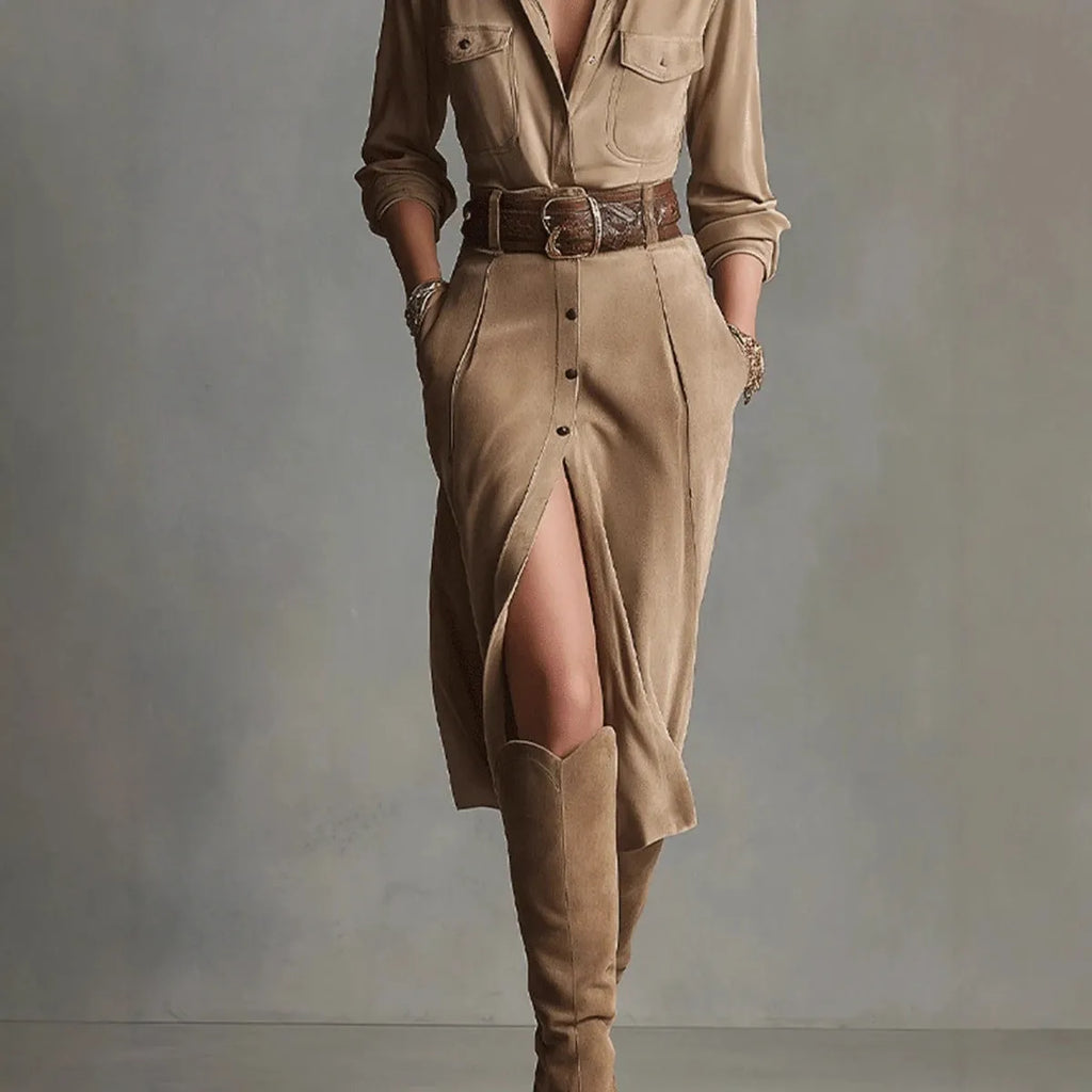 Women's French waist asymmetric khaki polyester dress with high waist, front view