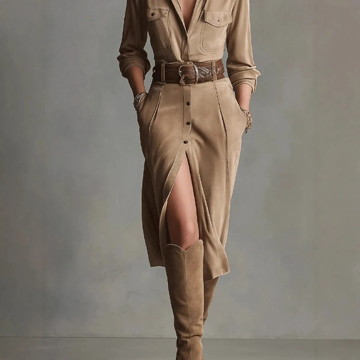 Women's French waist asymmetric khaki polyester dress with high waist, front view