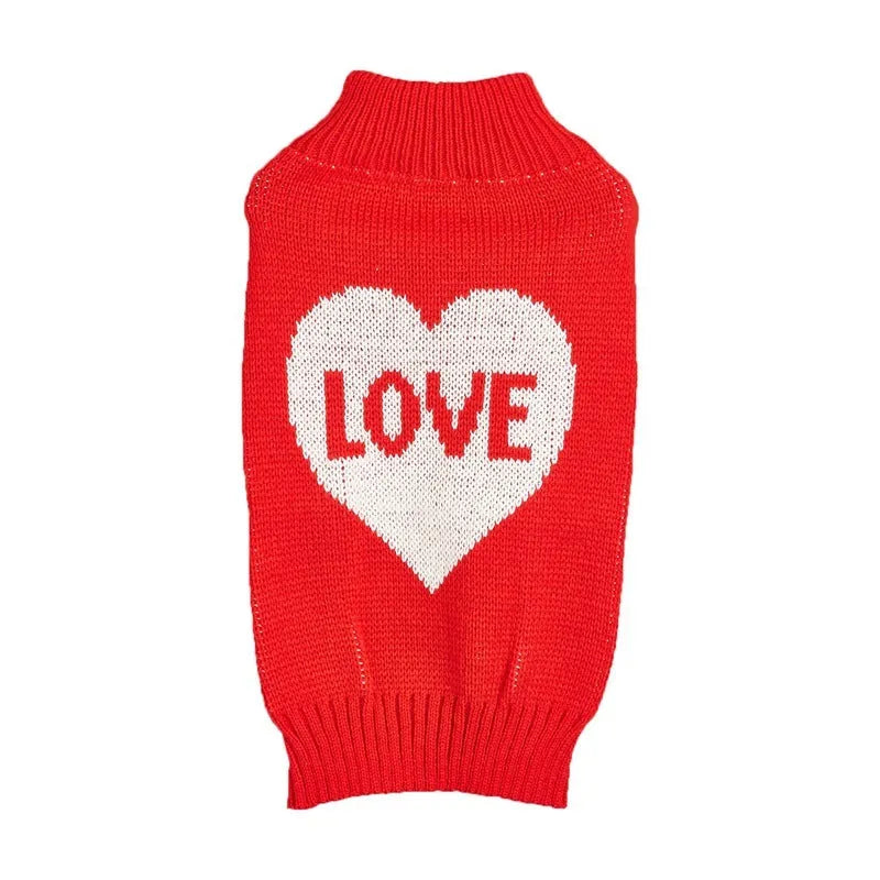 Red love heart and pink bow design dog sweater in acrylic knit pet clothing