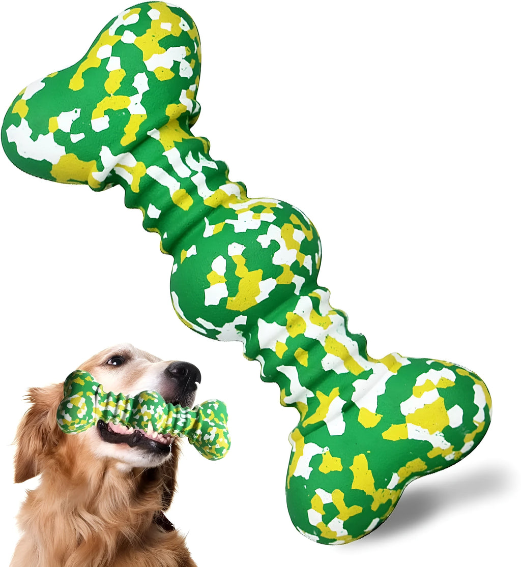Green, white, and yellow camouflage pattern natural rubber bone chew toy for dogs on a wooden floor.