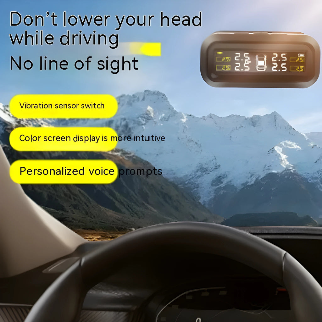 Solar wireless car tyre pressure monitoring system kit with colour screen display and four external sensors.