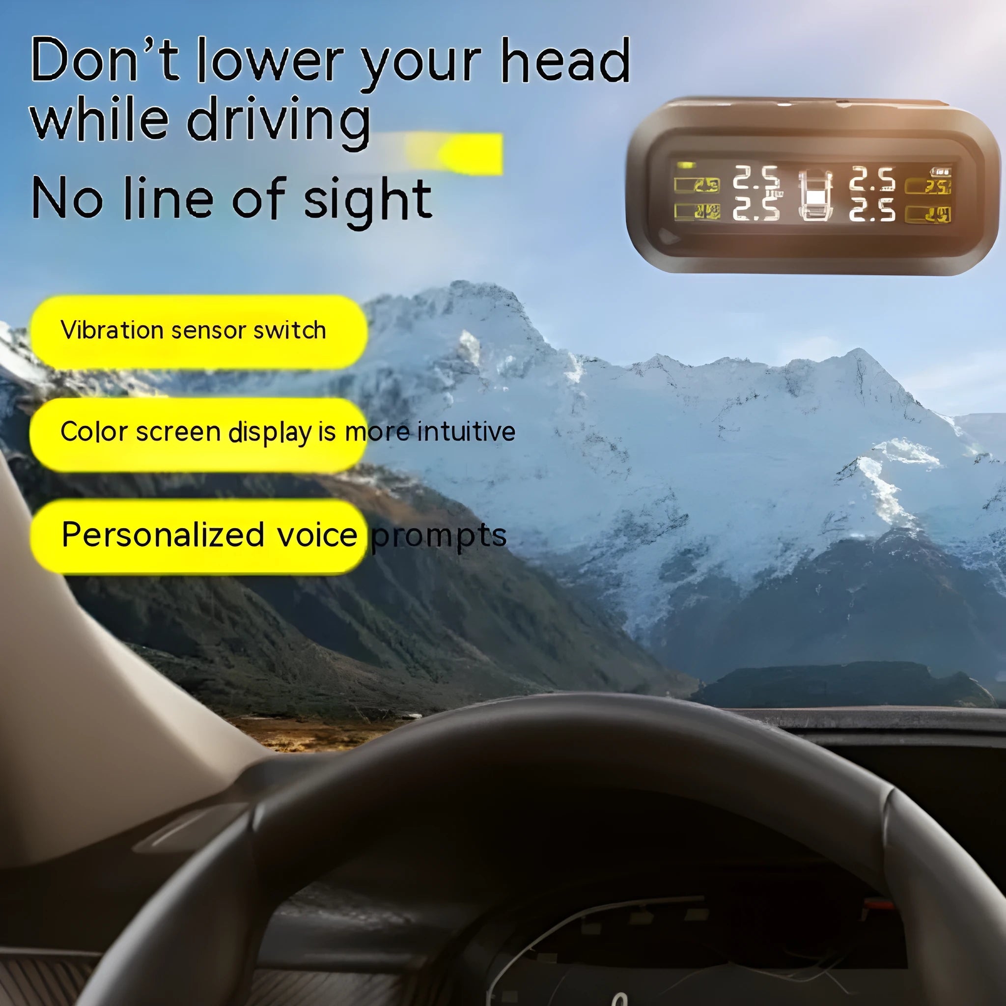 Solar wireless car tyre pressure monitoring system kit with colour screen display and four external sensors.