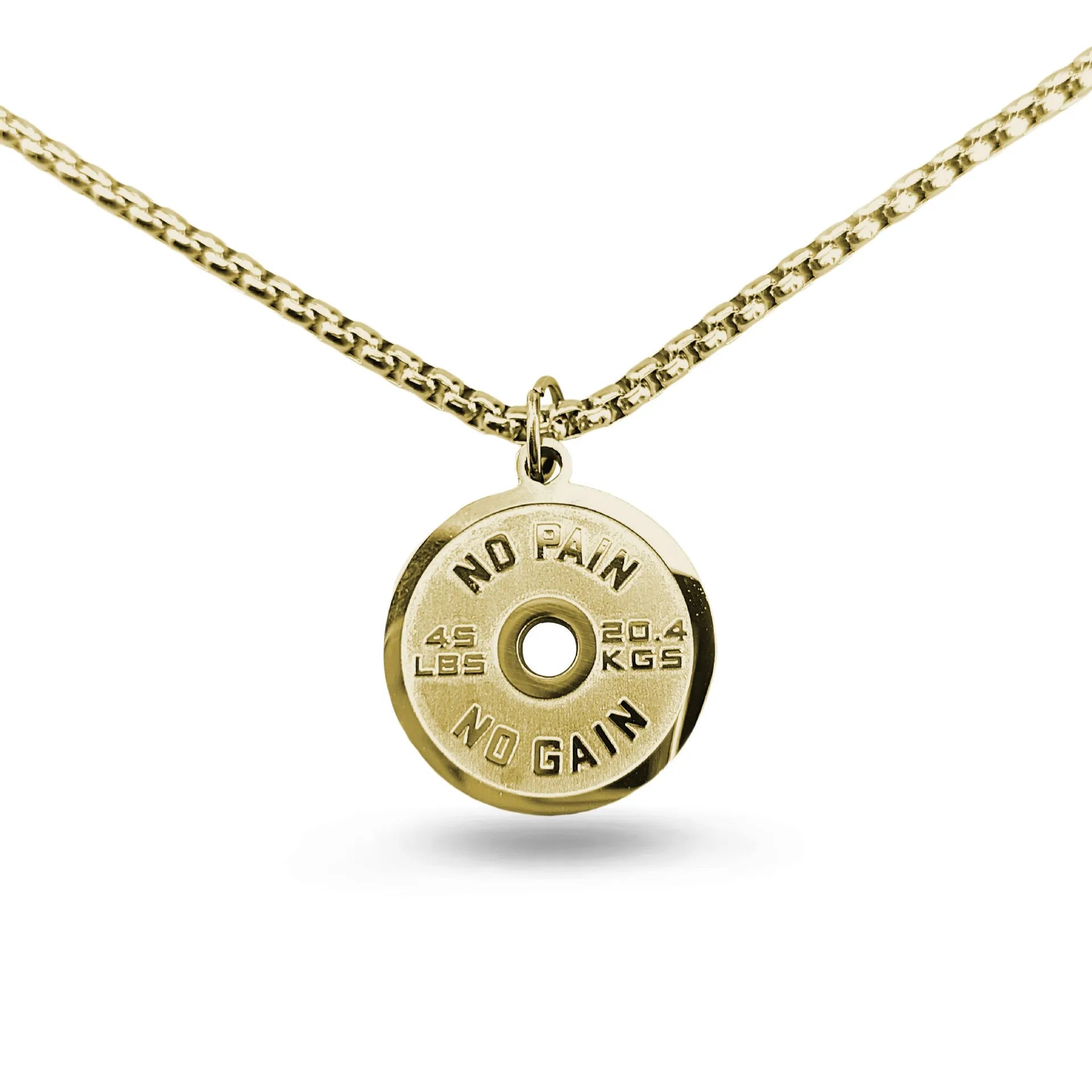 Stainless steel geometric barbell disk necklace pendant on a choice of gold, black, or pearl chain