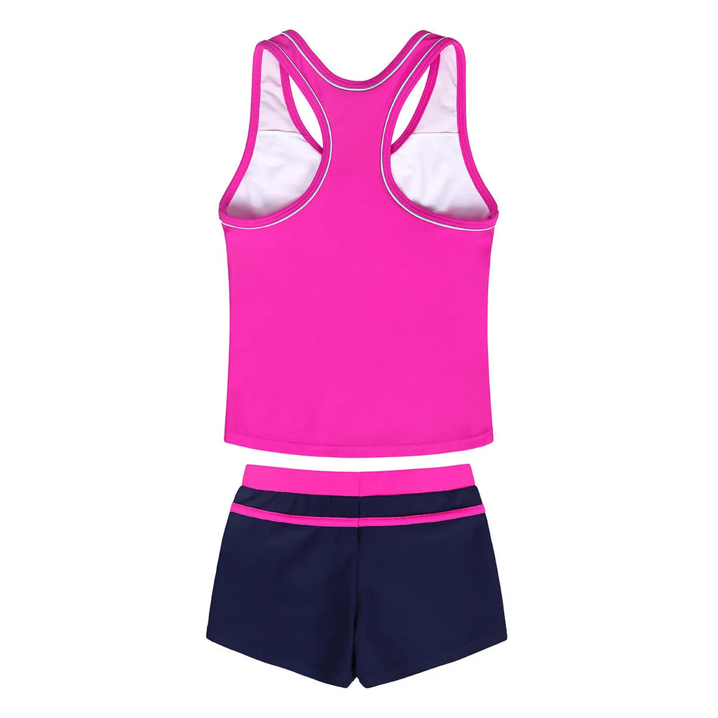 Girls' two-piece blue swimsuit with chest pad top and split boxer shorts laid flat.