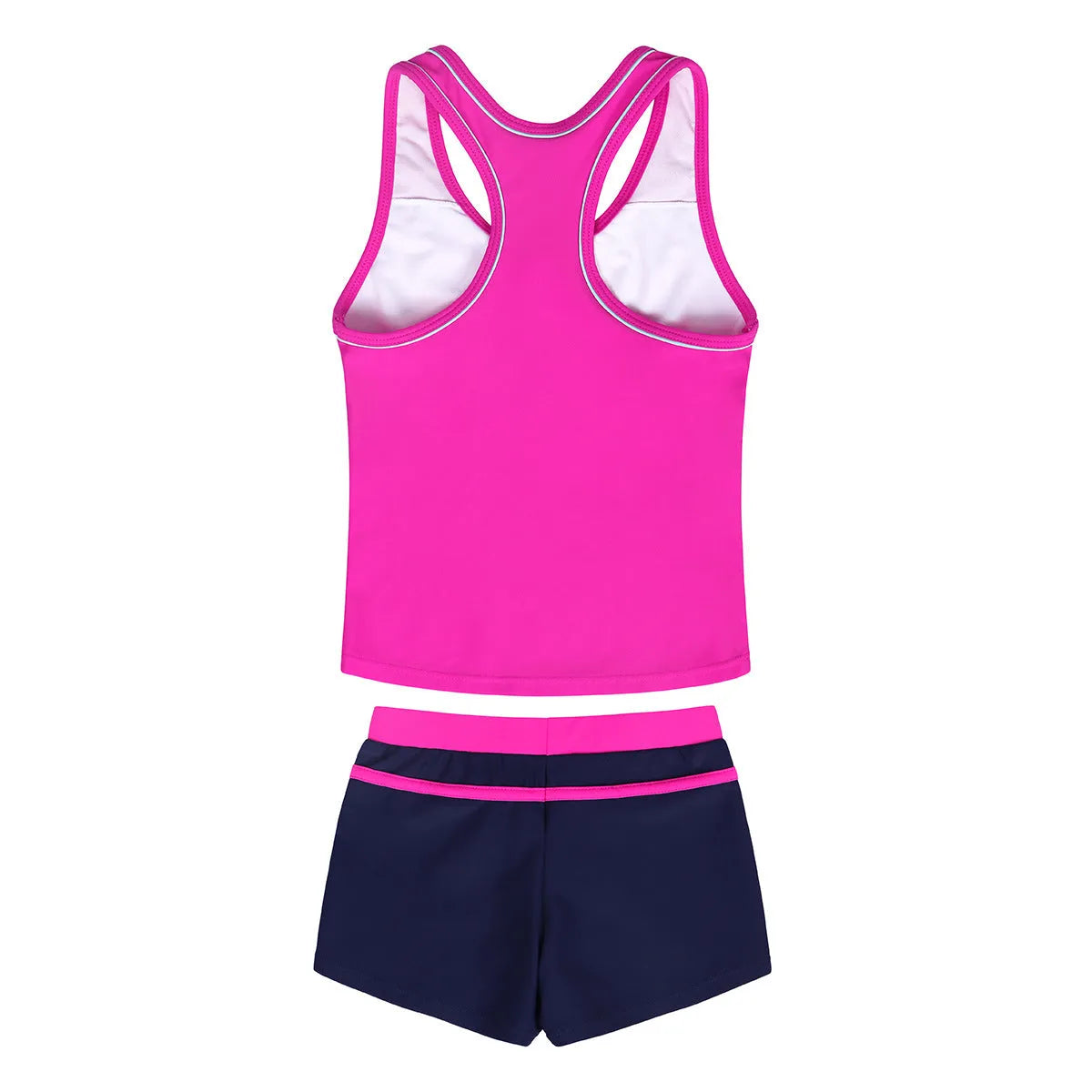 Girls' two-piece blue swimsuit with chest pad top and split boxer shorts laid flat.