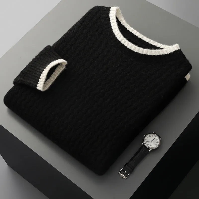 Men's round neck twisted design colour matching wool sweater in loose fit