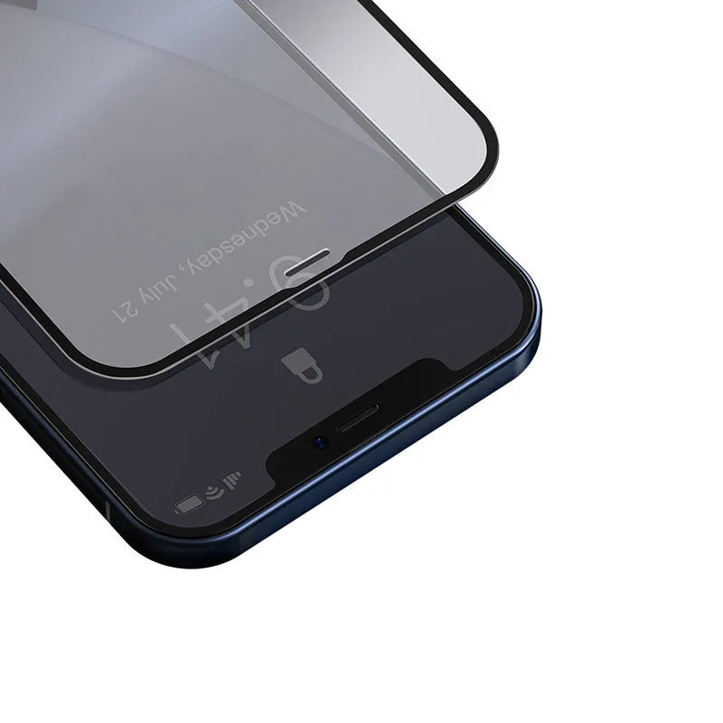 0.23mm curved tempered glass film for iPhone 12 mini in solid black, with non-broken edge and full-screen coverage.