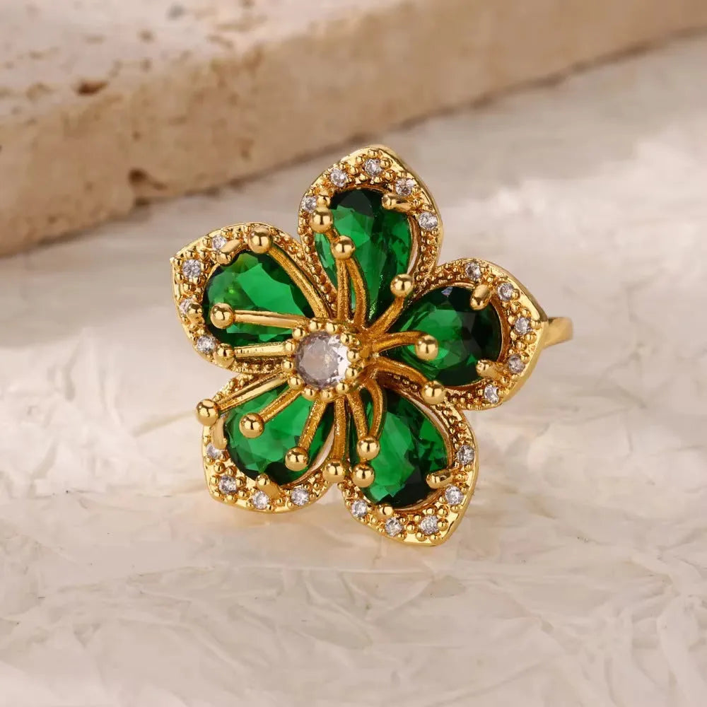 Green zircon flower ring with adjustable open-mouth stainless steel band, sizes 6 to 8, retro geometric design
