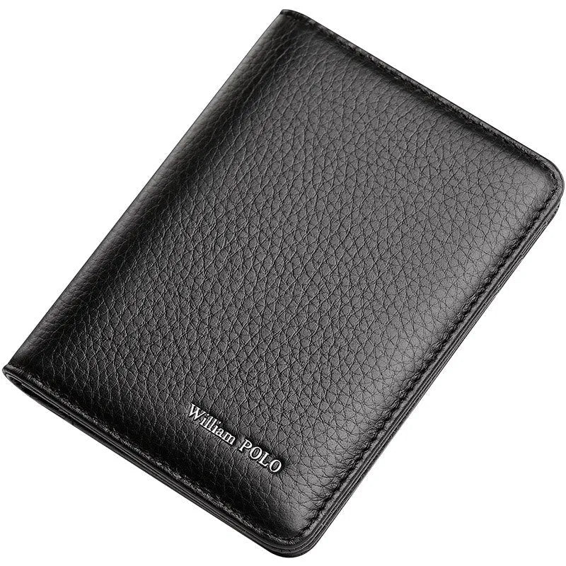 Ultra-thin cowhide leather card ID wallet in solid colour black on flat surface
