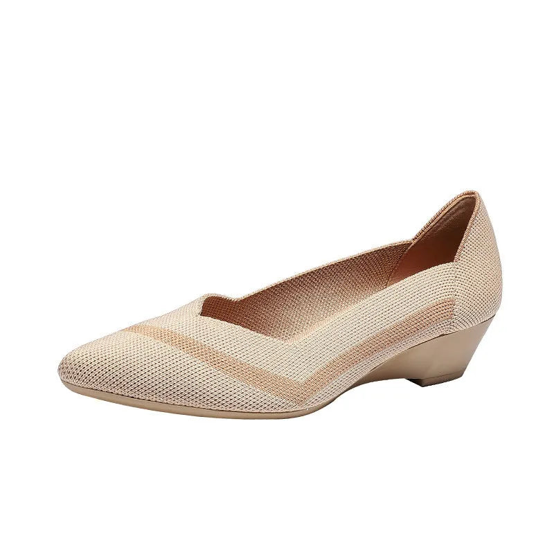 Women's wedge knit casual shoes in flyknit design with a mid heel, shown in multiple colour options.