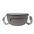 Wide shoulder strap large capacity saddle bag in beige with horizontal square shape and outer sandwich pocket