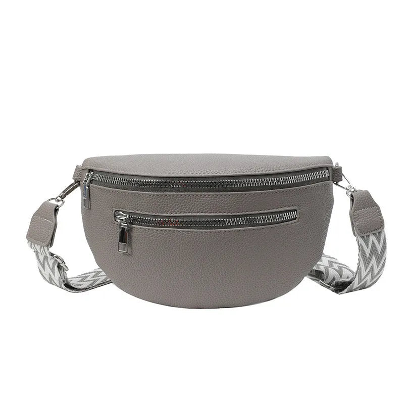 Wide shoulder strap large capacity saddle bag in beige with horizontal square shape and outer sandwich pocket