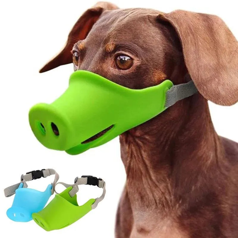 Silicone dog anti-bite mouth cover in blue and green colours showing two size options