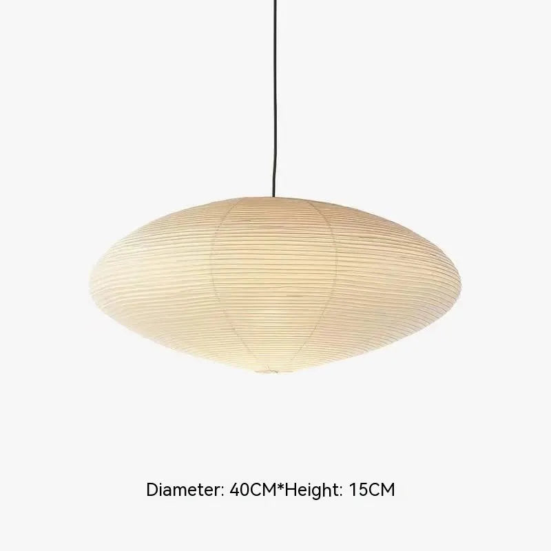 Modern simple pendant lamp with a round paper shade, shown in different diameter sizes for ceiling lighting.