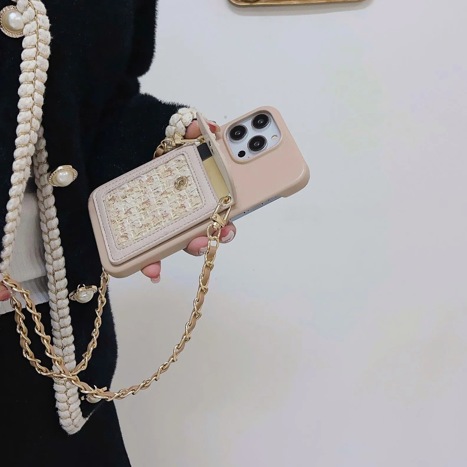 PU leather crossbody chain card holder back phone case in black with frosted finish