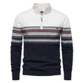 Men's cotton half zip sweater with stand-up collar in dark blue, on a model, front view