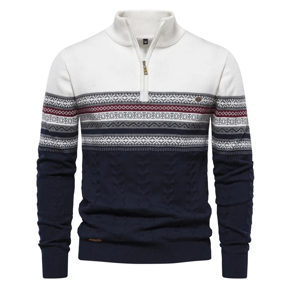 Men's cotton half zip sweater with stand-up collar in dark blue, on a model, front view