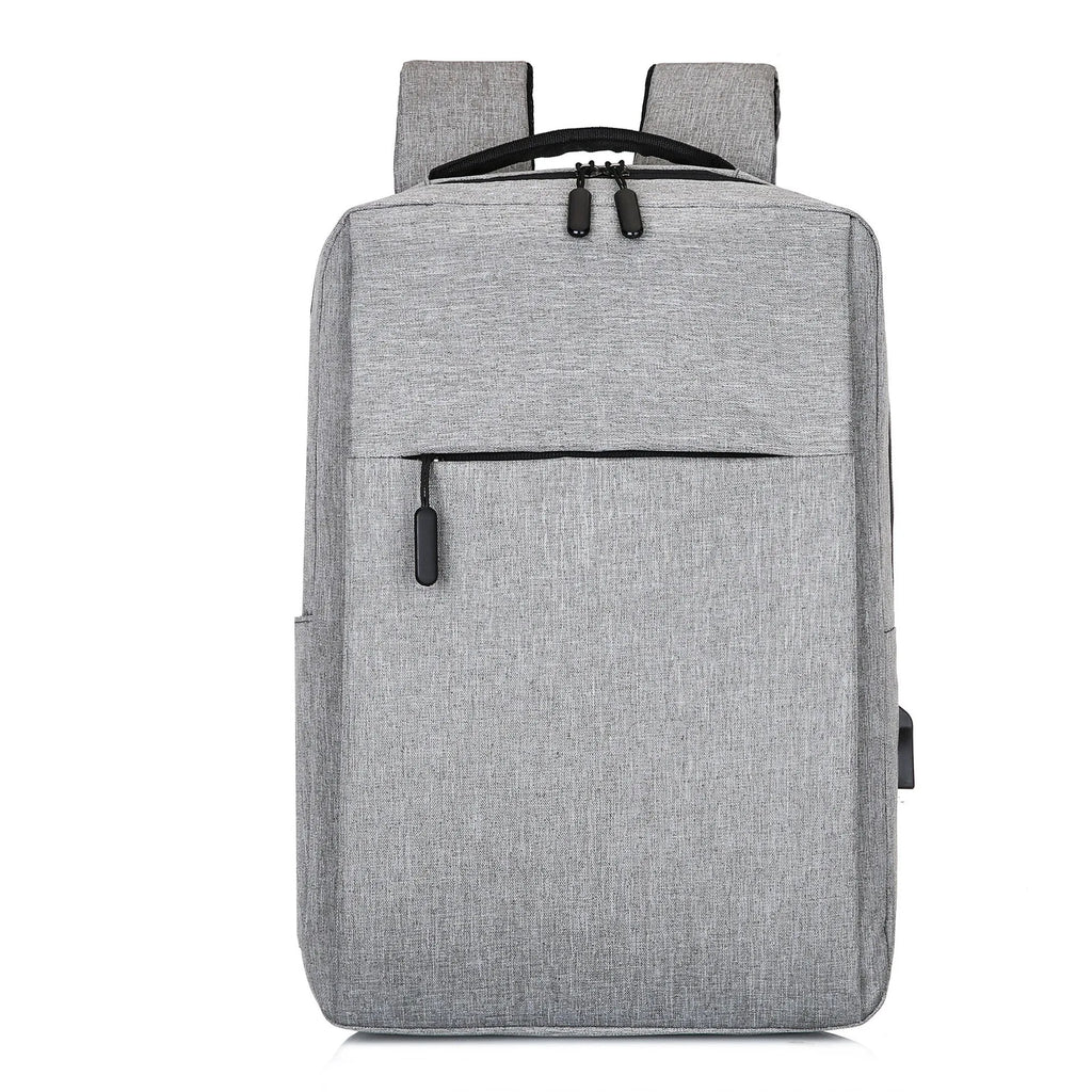 Large expandable Oxford cloth backpack in black with curved shoulder straps and front organisation.