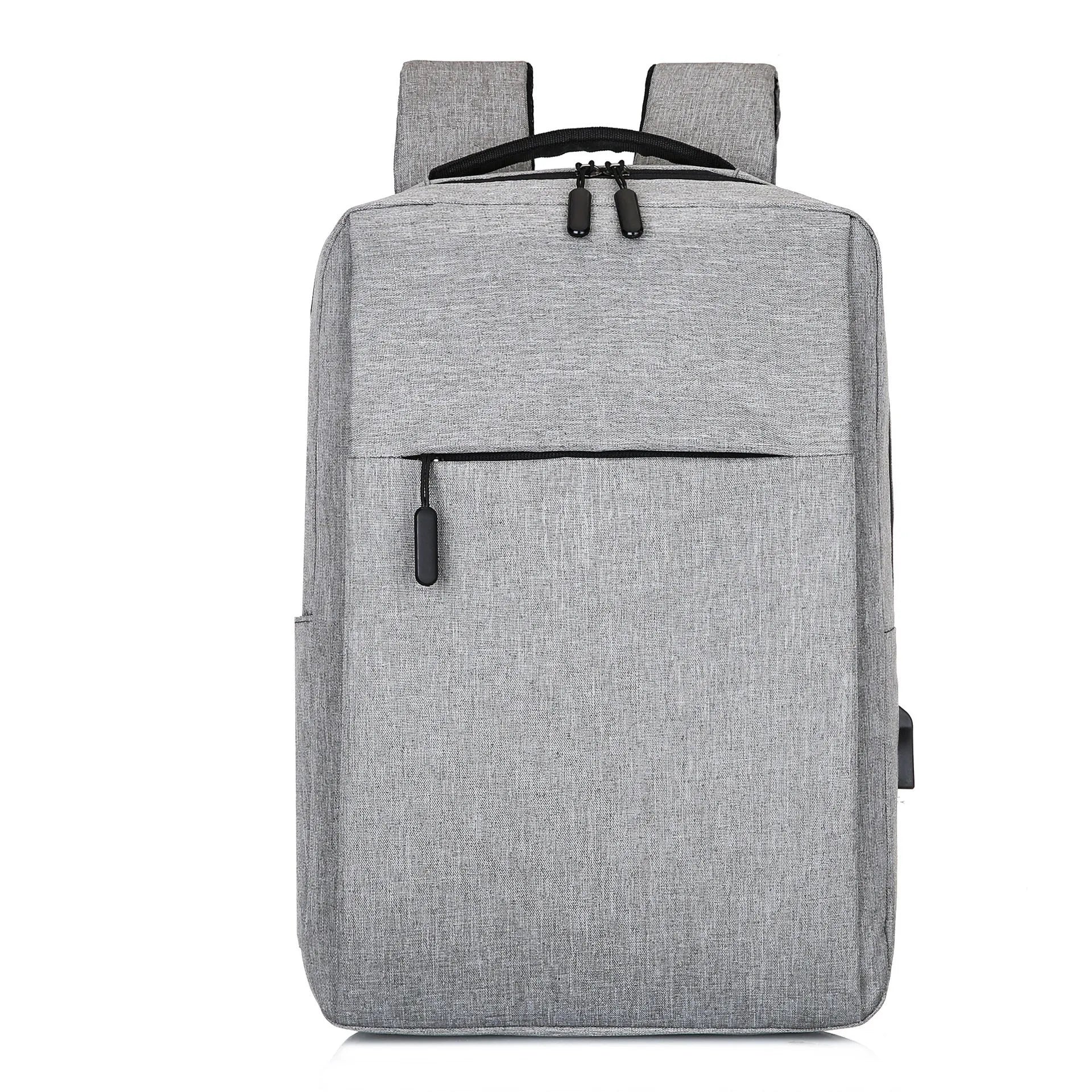 Large expandable Oxford cloth backpack in black with curved shoulder straps and front organisation.
