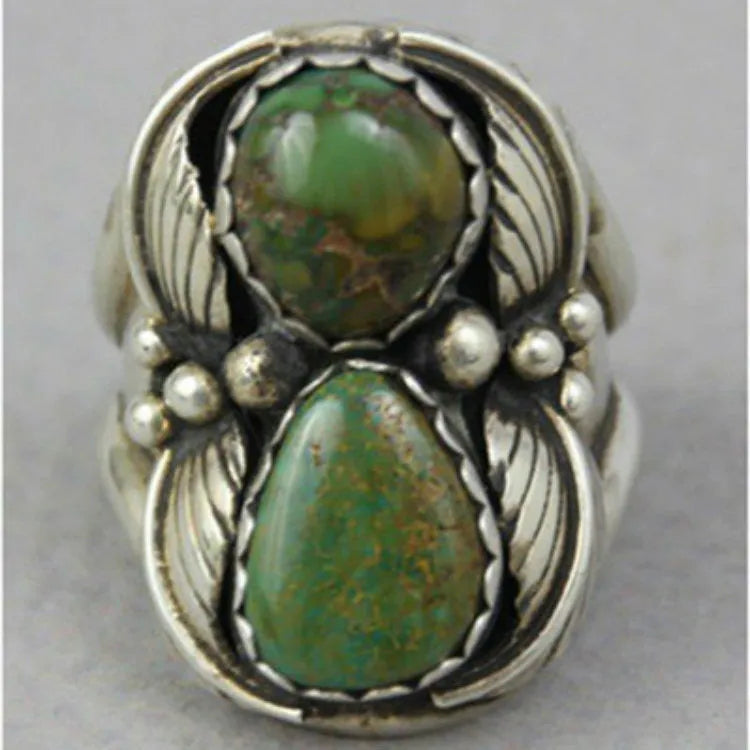 Turquoise geometric alloy ring with retro inlaid design for women, showing five available sizes