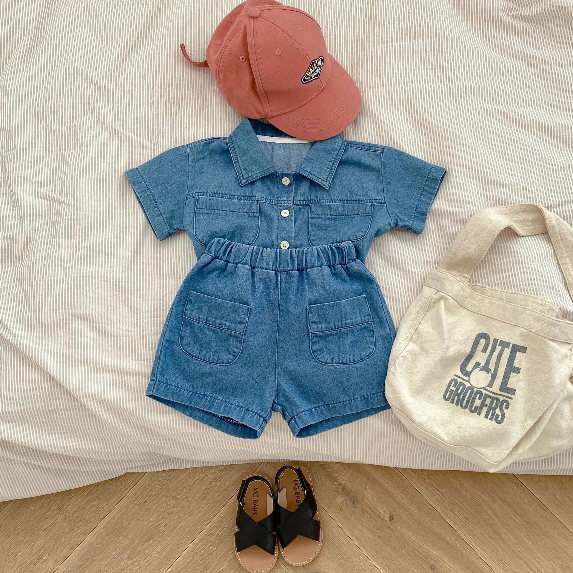 Blue cotton denim baby boy suit with short-sleeve pocket top and boyshorts for summer