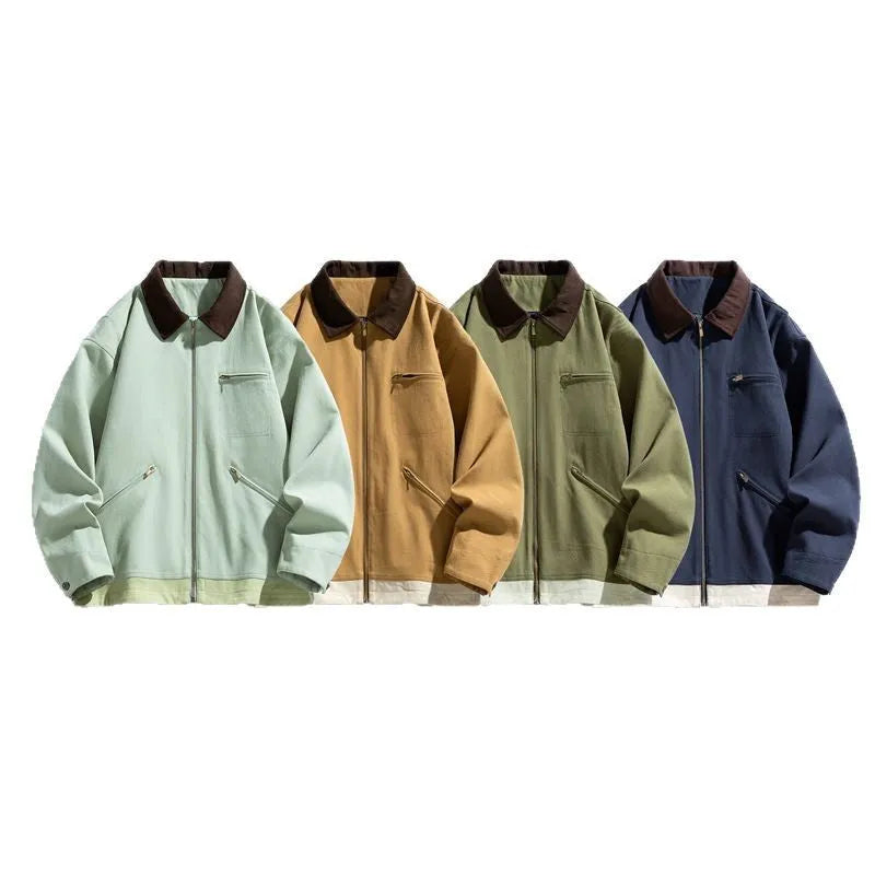 Men's retro workwear jacket with contrast lapels in mint green colour showing side seam pockets