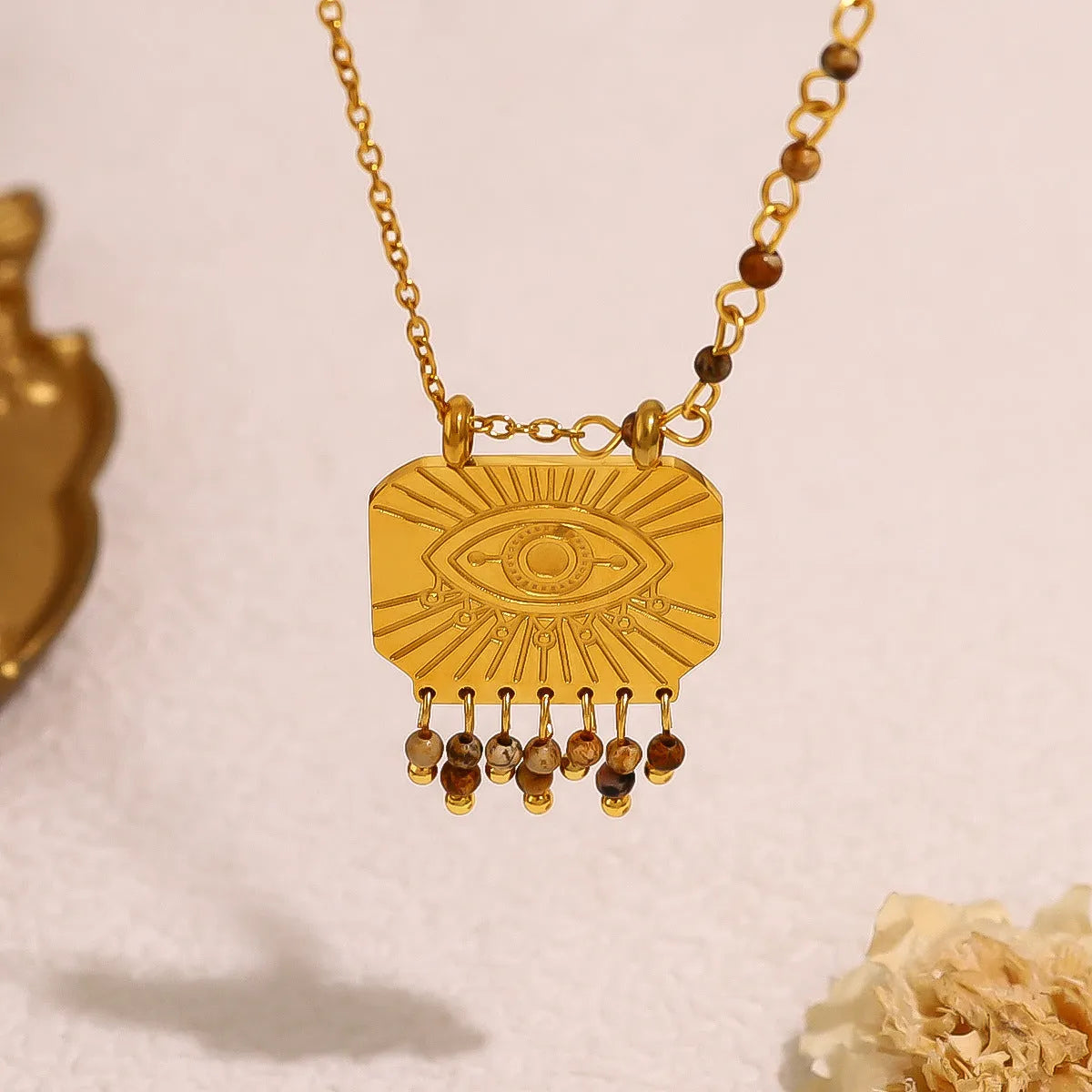 Gold retro natural stone square pendant necklace with bohemian evil eye on titanium steel chain