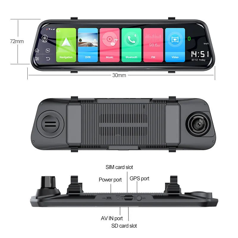 10-inch streaming media rearview mirror driving recorder with touch IPS screen and front camera
