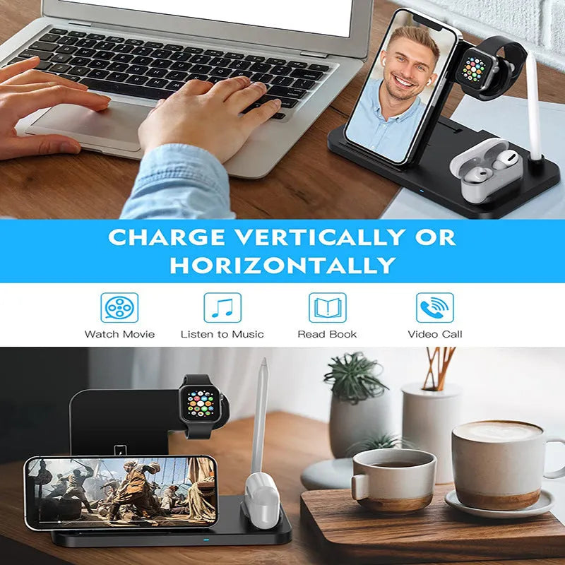 Black four-in-one wireless phone charger with QC3.0 charging head for multiple devices