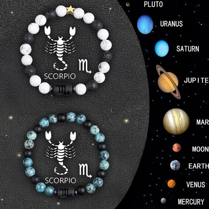 Set of two natural stone beaded bracelets featuring zodiac sign designs.