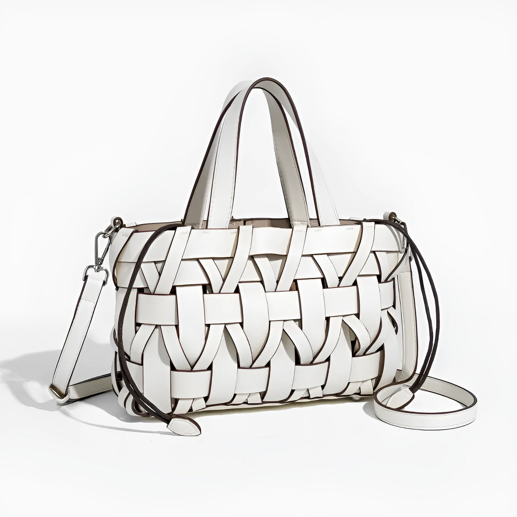 Women's hand-woven PU bucket handbag in summer colours with open outer pocket