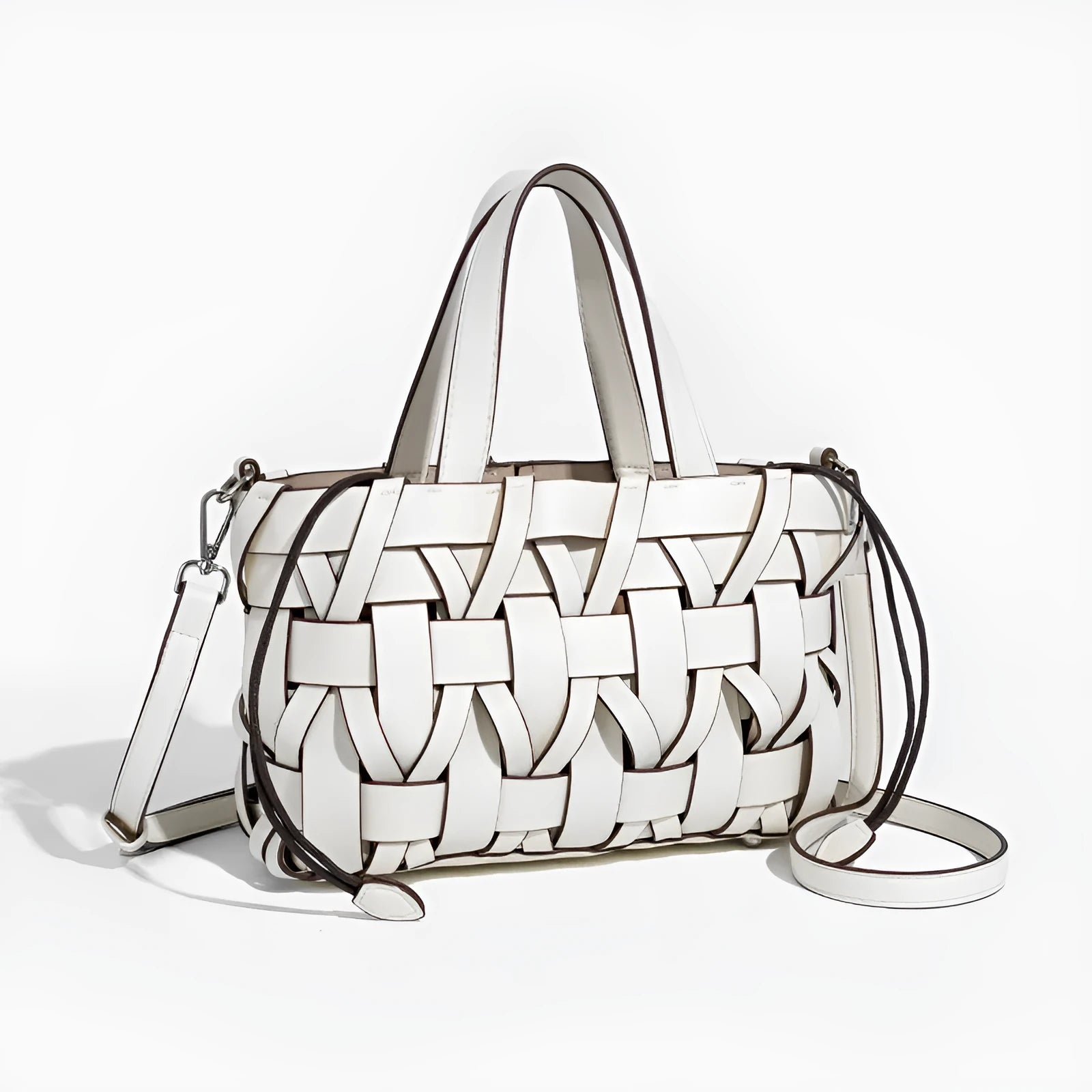 Women's hand-woven PU bucket handbag in summer colours with open outer pocket