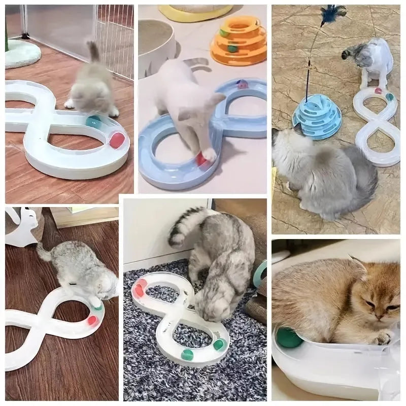 Blue and white self-moving cat turntable track toy with teasing stick for interactive play.