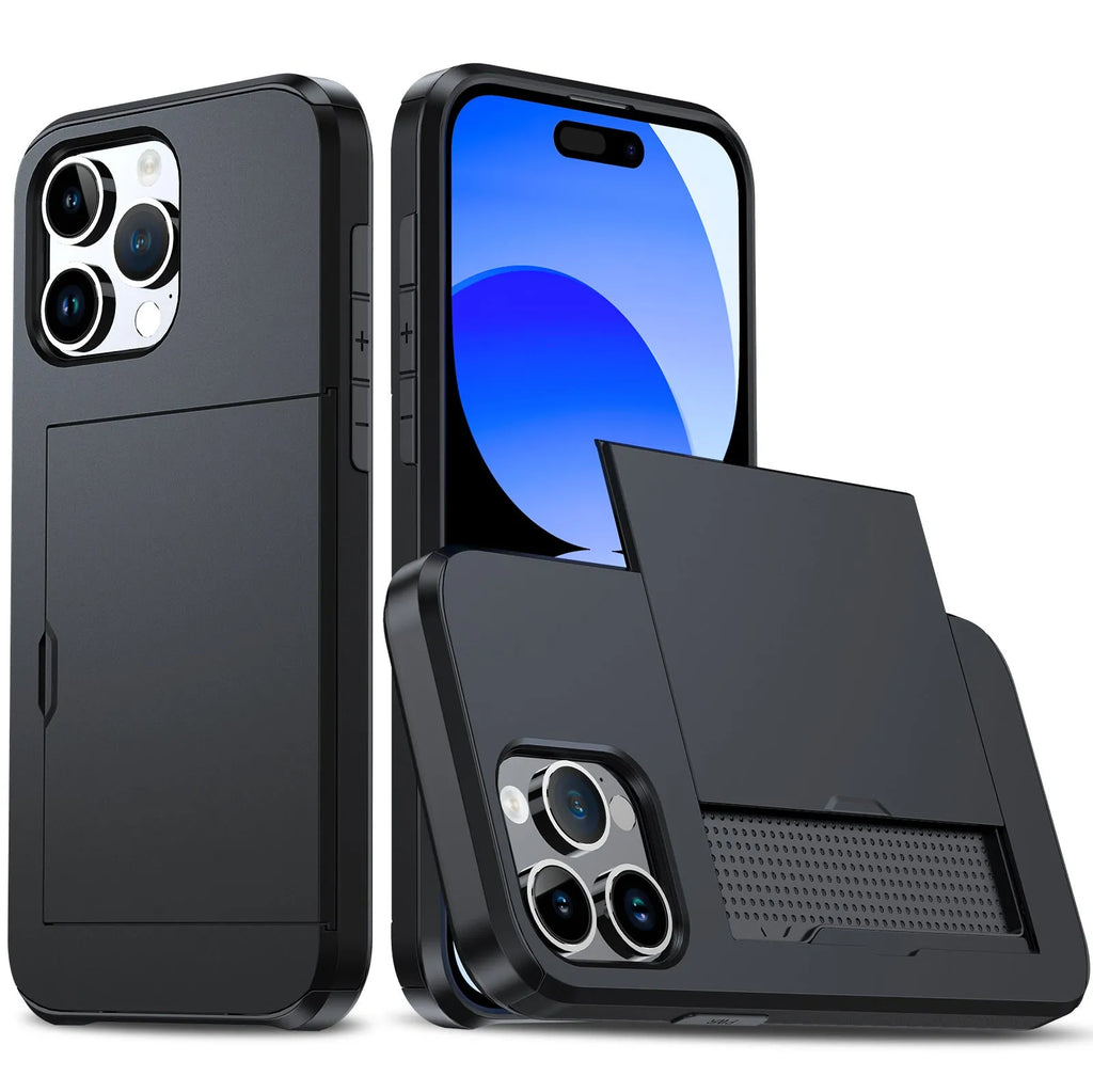 iPhone 15 Pro Max phone case with slide card slot, frosted TPU PC anti-fall cover in black