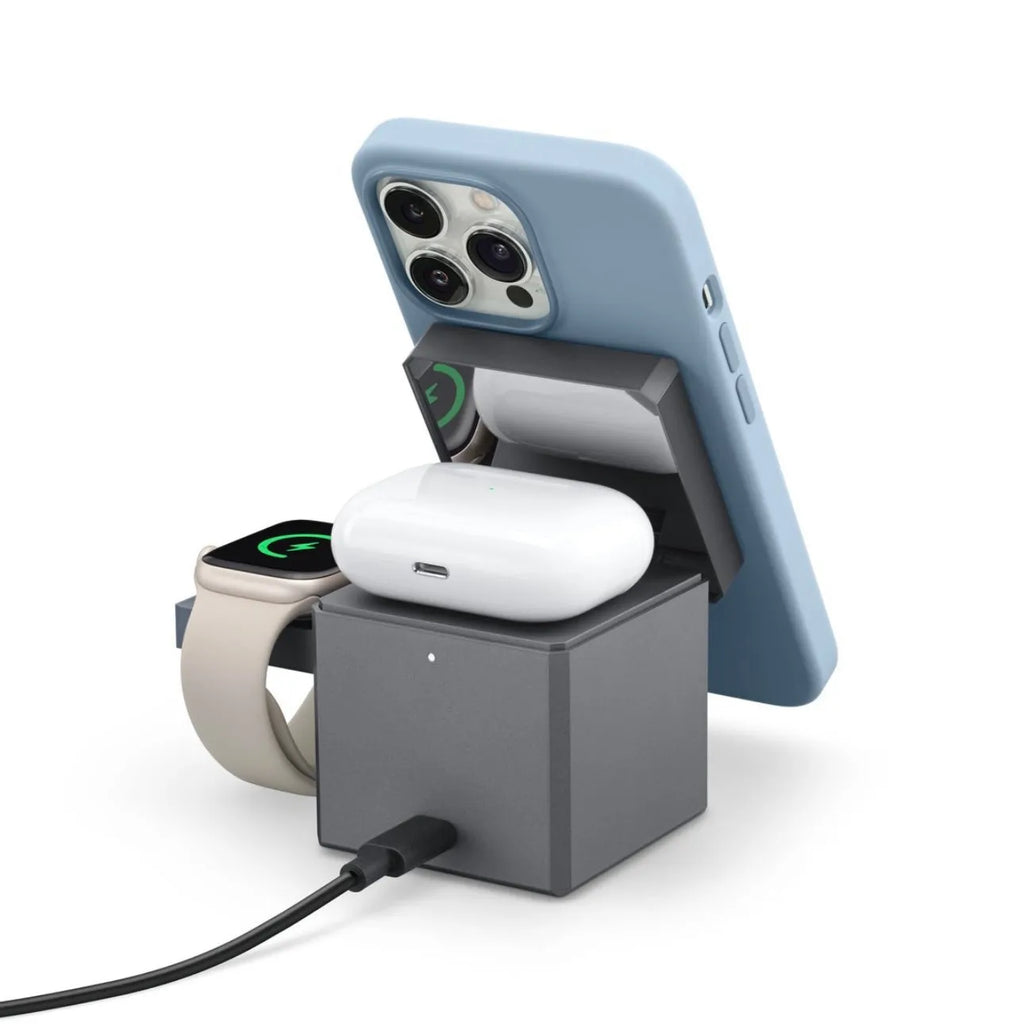 Foldable magnetic wireless charger for iPhone, AirPods and Apple Watch on a table