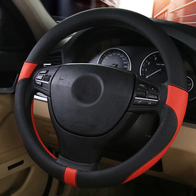 Green leather steering wheel cover for sedan, 38cm diameter, all seasons, XF674 model