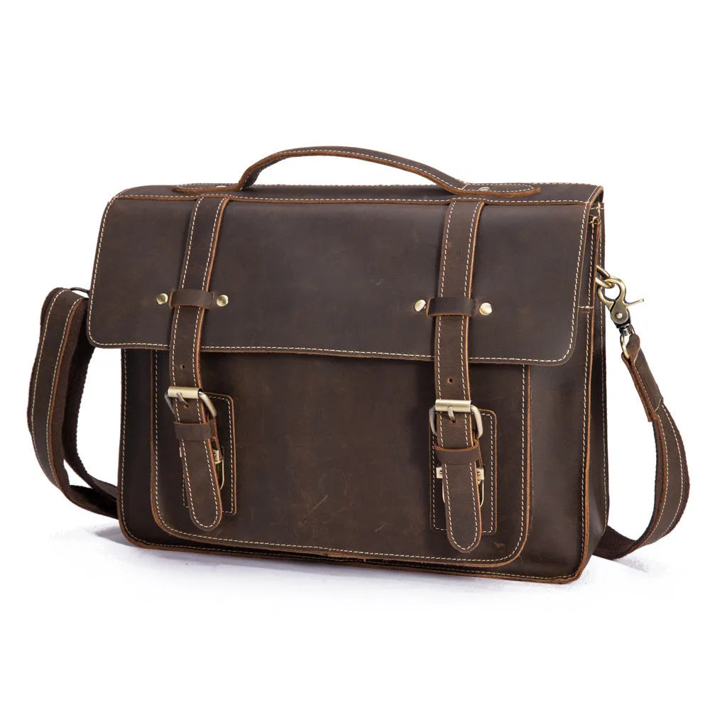 Men's dark brown coffee crazy horseskin leather shoulder bag messenger bag handbag 36cm length
