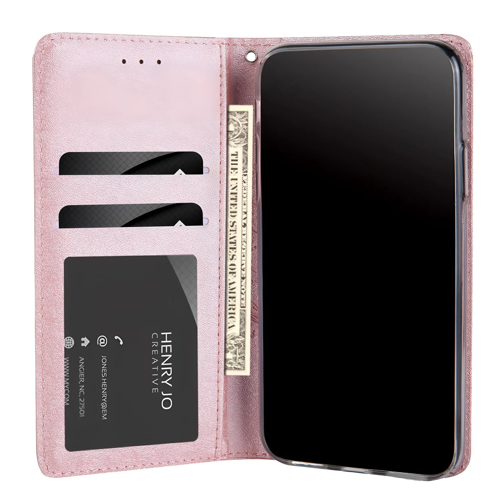 Apple iPhone flip wallet case in PU leather with card slot, shown in multiple colours.