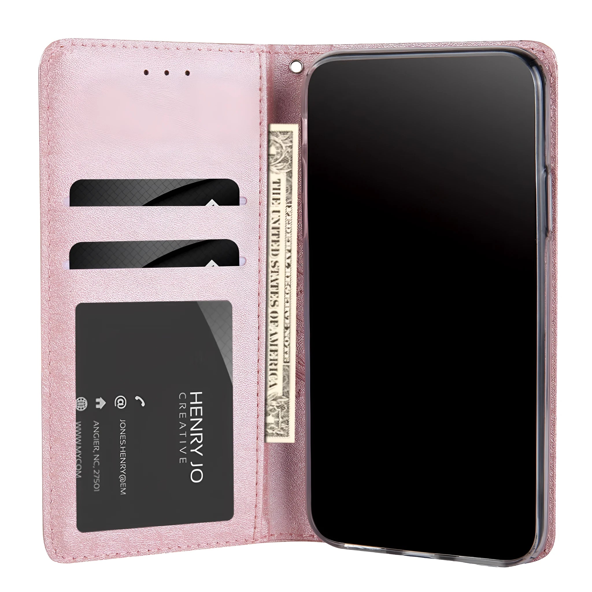 Apple iPhone flip wallet case in PU leather with card slot, shown in multiple colours.