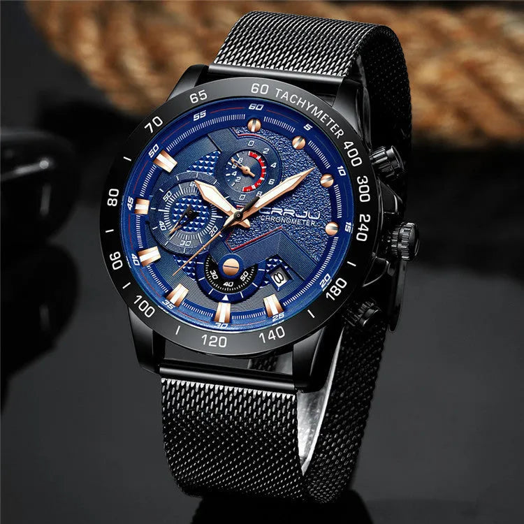 Multi-function six-needle chronograph watch with stainless steel strap and IP blue alloy case model 2280
