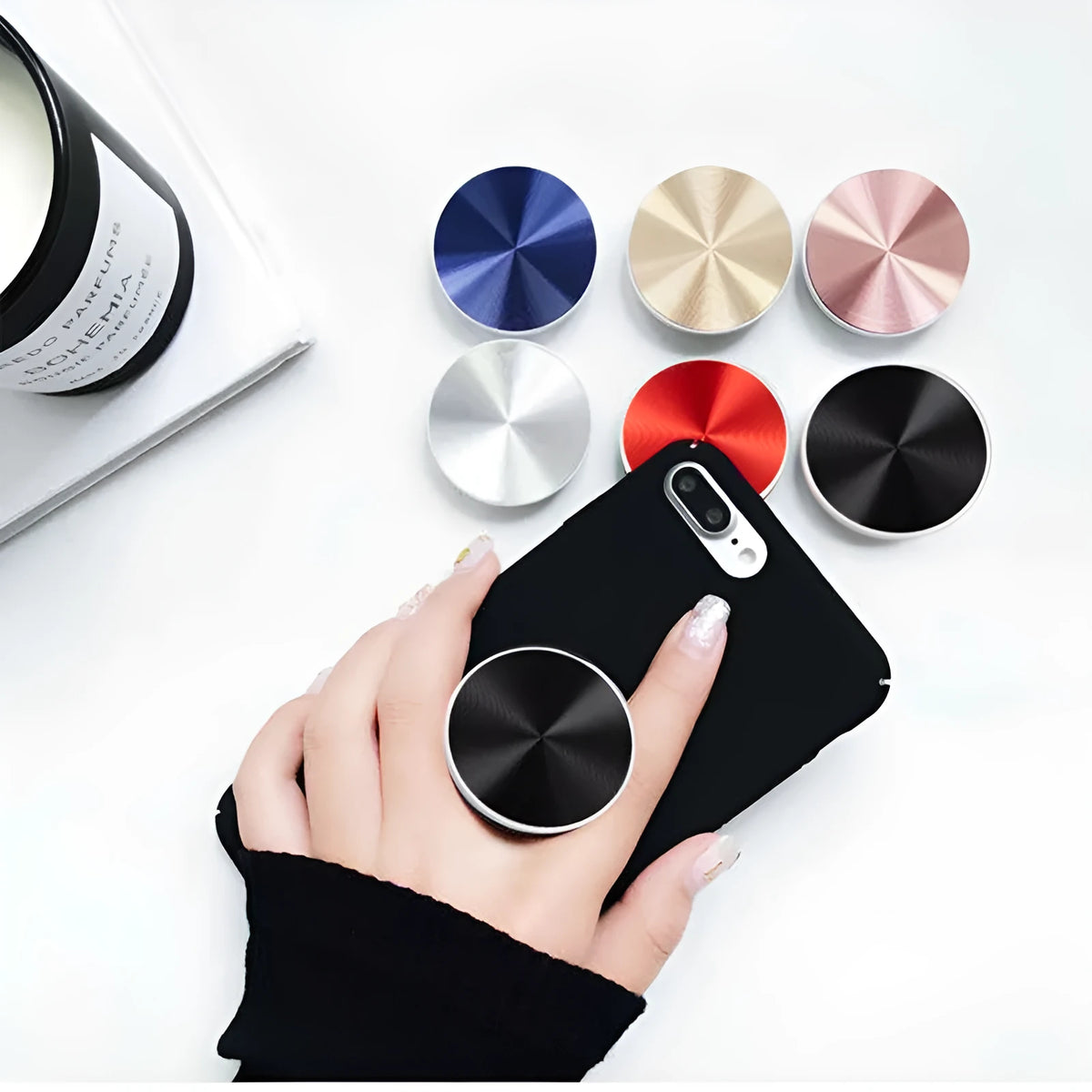 Colourful silicone phone ring stand and extension grip for mobile devices in silver colour