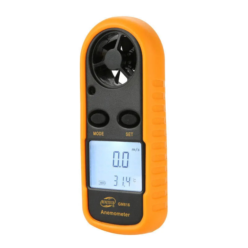 Biaozhi orange digital handheld anemometer showing wind speed display