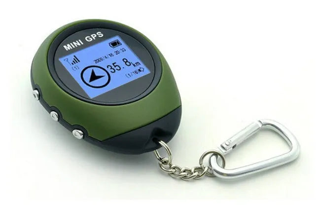 Mini GPS multi-function locator with matte finish, green colour, 65x52x21mm, handheld for outdoor use