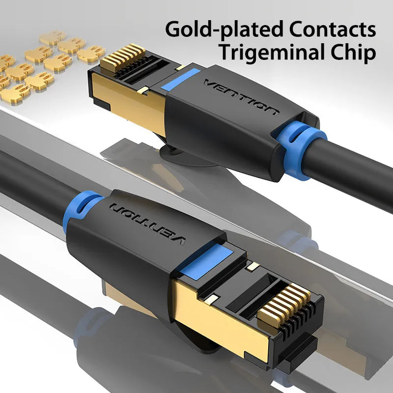 CAT8 Ethernet network patch cable with RJ45 connectors, shown in flat and round style options.