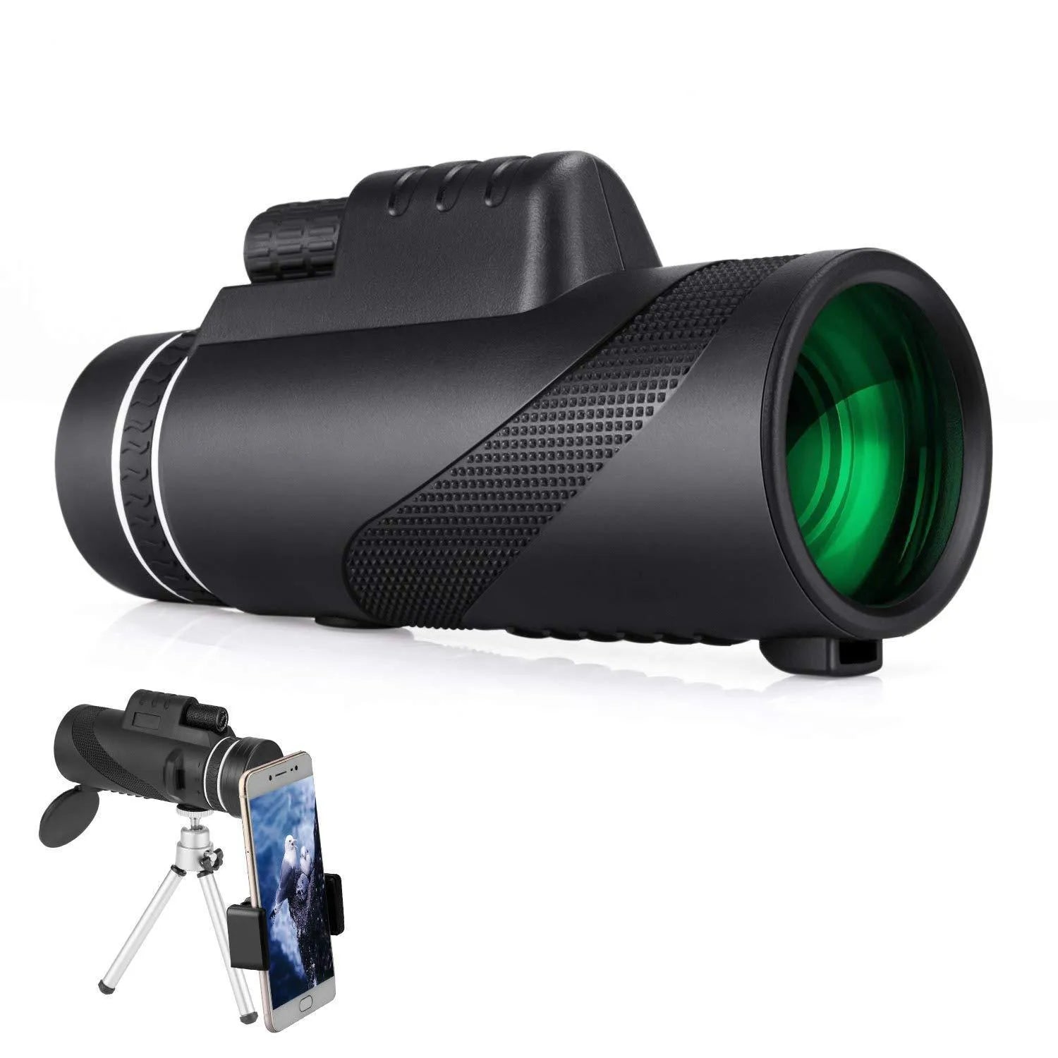 Black 40x60 HD monocular telescope with smartphone compatibility for long-range observation.
