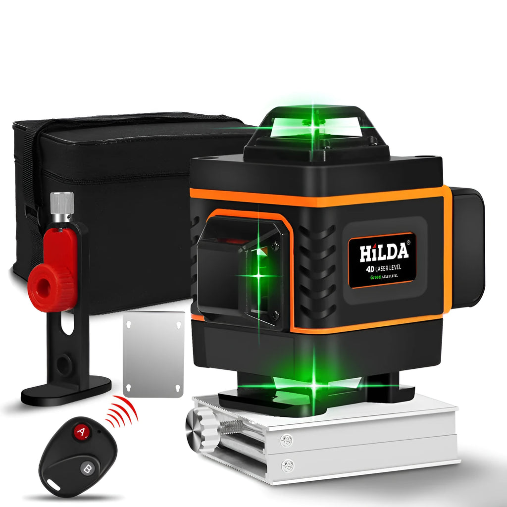 Rotating laser level tool showing green or orange 505nm laser beam for precise wall alignment